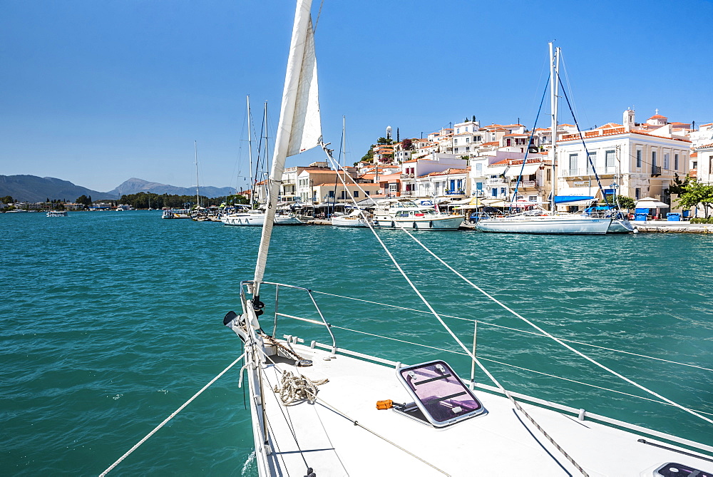 Sailing boats in Poros Island port, Saronic Island, Aegean Coast, Greek Islands, Greece, Europe