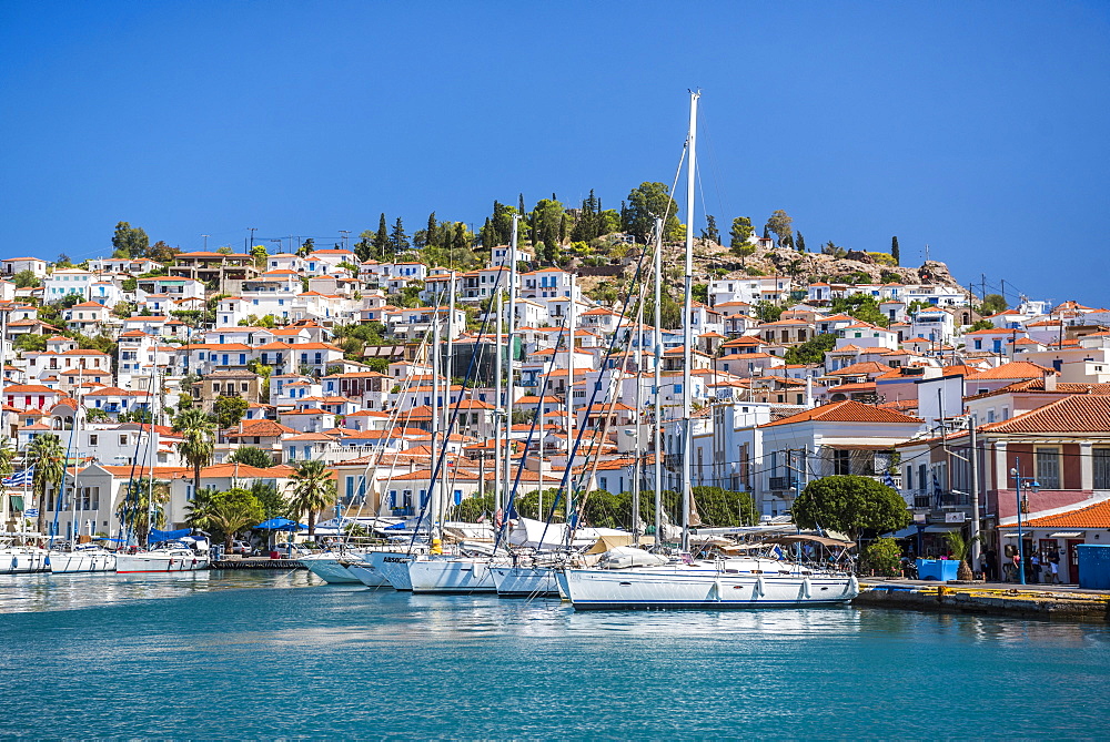 Sailing boats in Poros Island port, Saronic Island, Aegean Coast, Greek Islands, Greece, Europe