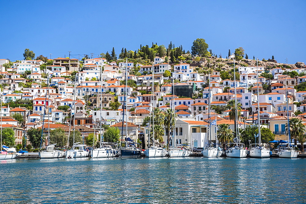 Sailing boats in Poros Island port, Saronic Island, Aegean Coast, Greek Islands, Greece, Europe