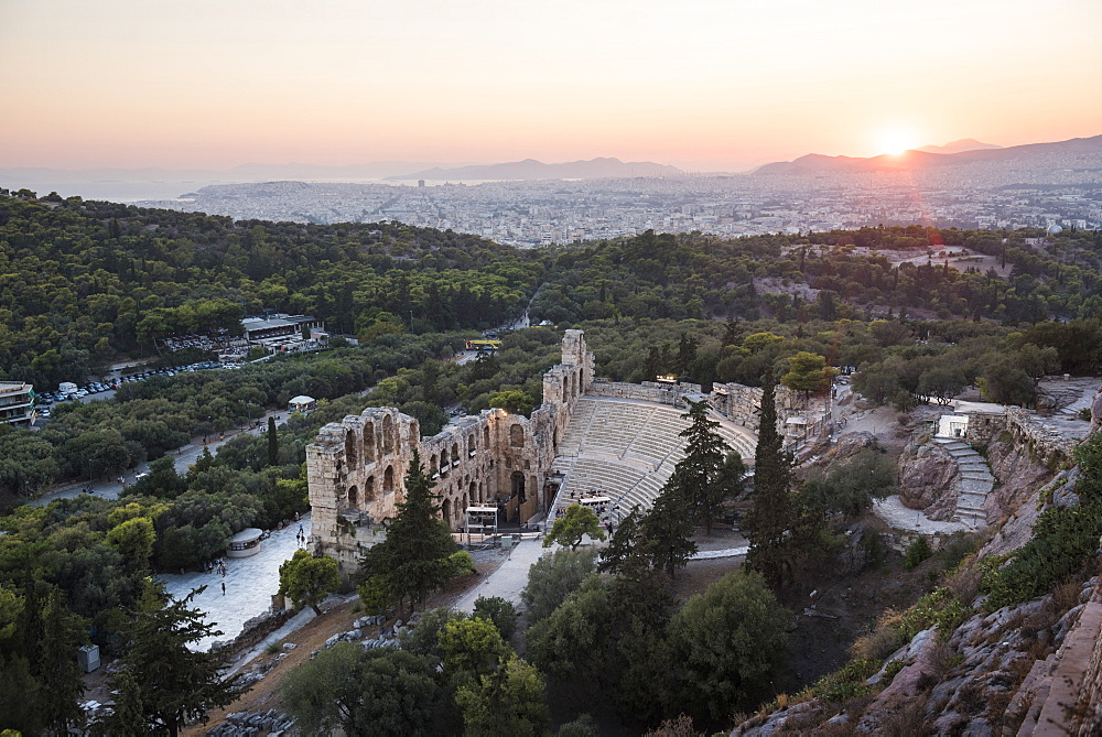 Odeon of Herodes Atticus Theatre at sunset, Acropolis, UNESCO World Heritage Site, Athens, Attica Region, Greece, Europe