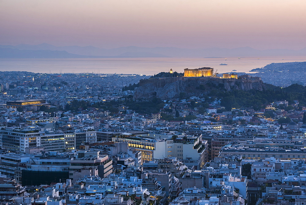 View over Athens and The Acropolis at sunset from Likavitos Hill, Athens, Attica Region, Greece, Europe