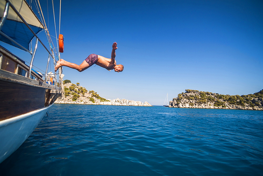 Diving off a Gulet sailing boat cruise in Gokkaya Bay, Antalya Province, Lycia, Anatolia, Mediterranean, Turkey, Asia Minor, Eurasia