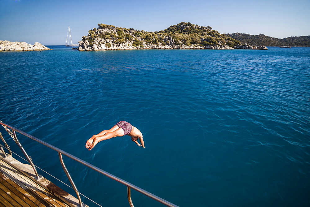 Diving off a Gulet sailing boat cruise in Gokkaya Bay, Antalya Province, Lycia, Anatolia, Mediterranean, Turkey, Asia Minor, Eurasia