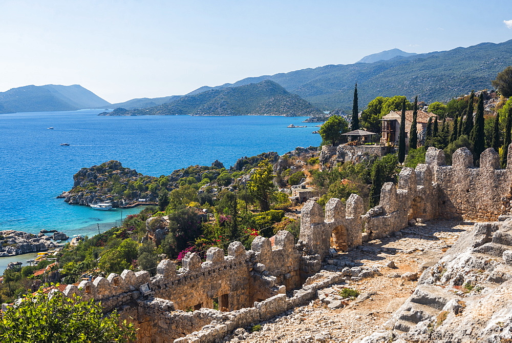 View from Simena Castle over Kekova Bay and Island, Antalya Province, Lycia, Anatolia, Mediterranean Sea, Turkey, Asia Minor, Eurasia