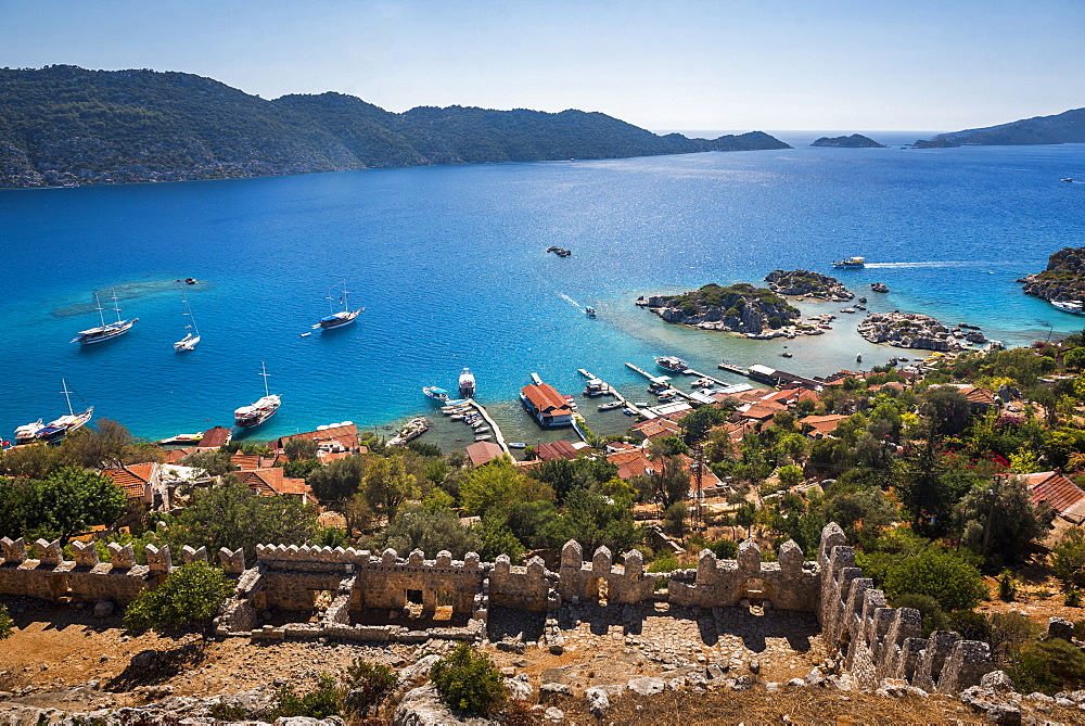 Sunken City of Kekova seen from Simena Castle, Antalya Province, Lycia, Anatolia, Mediterranean Sea, Turkey, Asia Minor, Eurasia