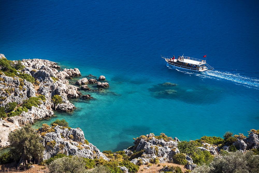 Gulet sailing boat in Kekova Bay, Antalya Province, Lycia, Anatolia, Mediterranean Sea, Turkey, Asia Minor, Eurasia