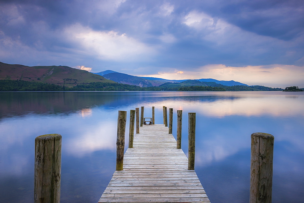 Pier at Derwent Water (Derwentwater) at sunset, Lake District National Park, UNESCO World Heritage Site, Cumbria, England, United Kingdom, Europe