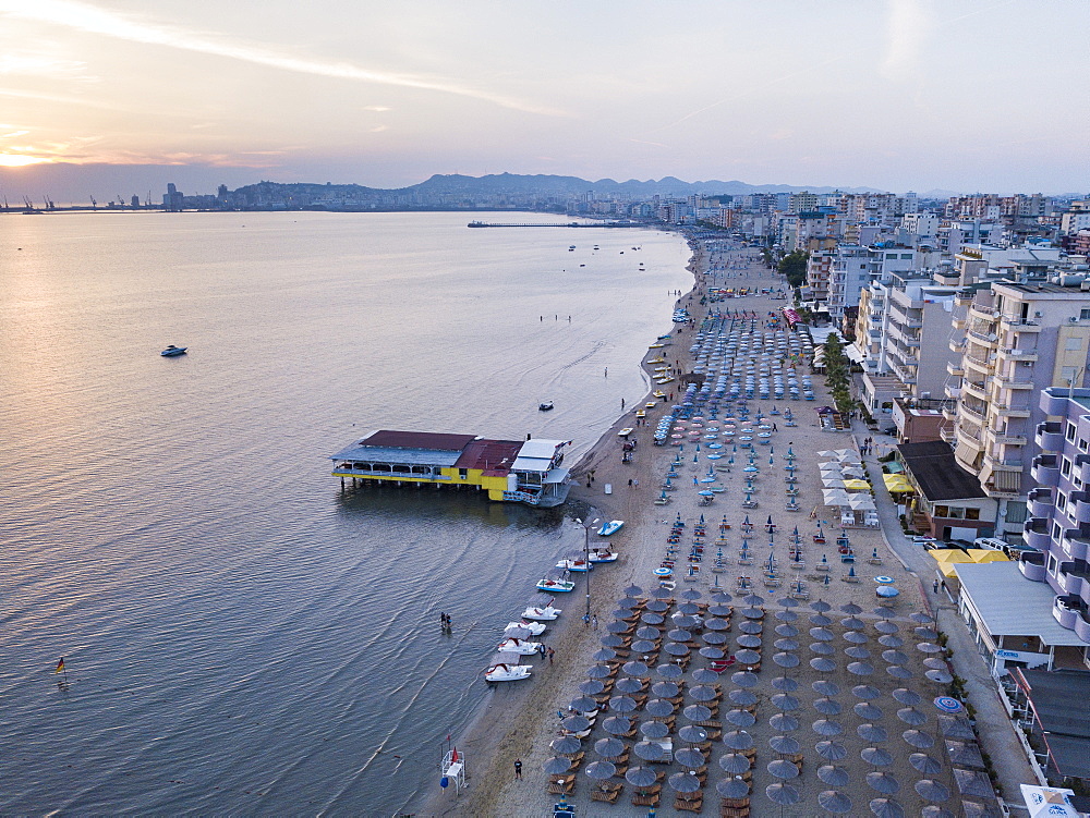 Beach at sunset, Durres (Epidamnos and Dyrrachium), Adriatic Coast, Albania, Europe