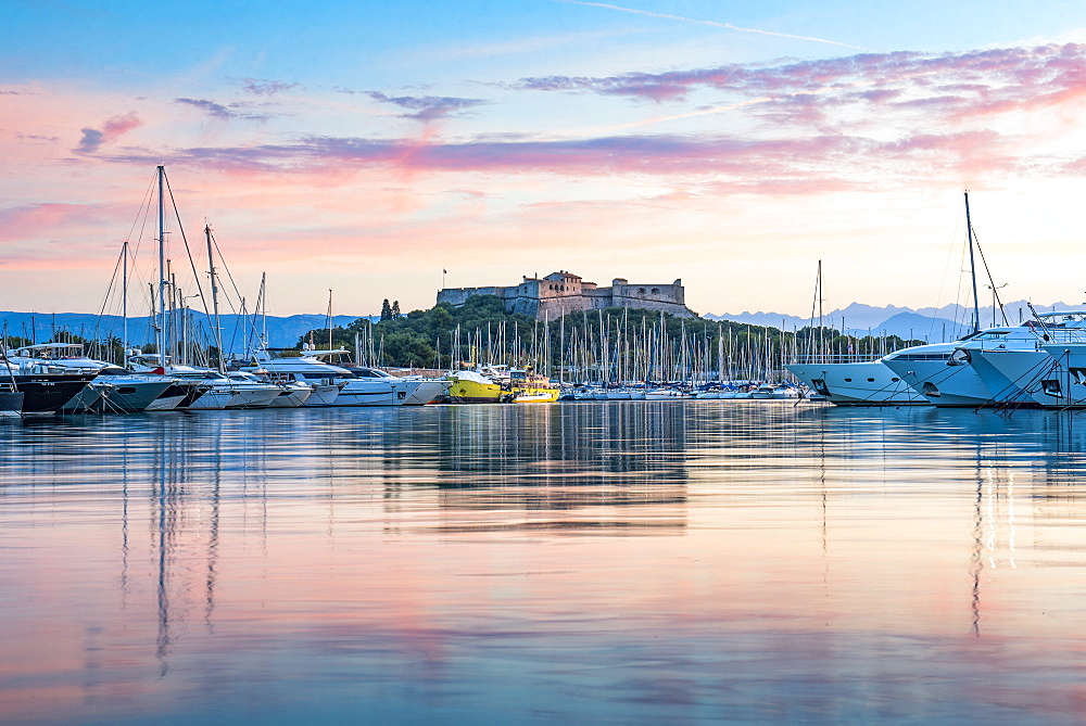 Fort Carre and Antibes Harbour at sunrise, Provence-Alpes-Cote d'Azur, French Riviera, France, Mediterranean, Europe