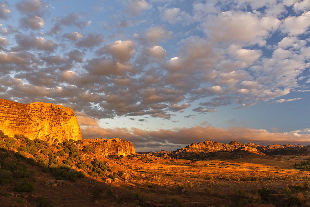 Isalo National Park landscape at sunrise, Ihorombe Region, Madagascar, Africa