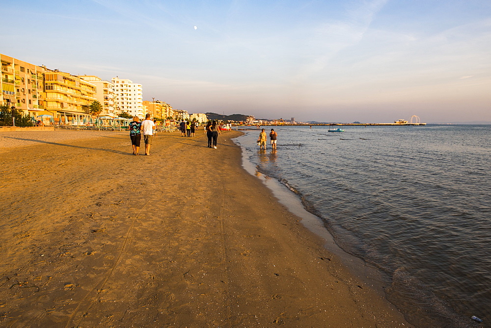 Beach at sunset, Durres (Epidamnos and Dyrrachium), Adriatic Coast, Albania, Europe