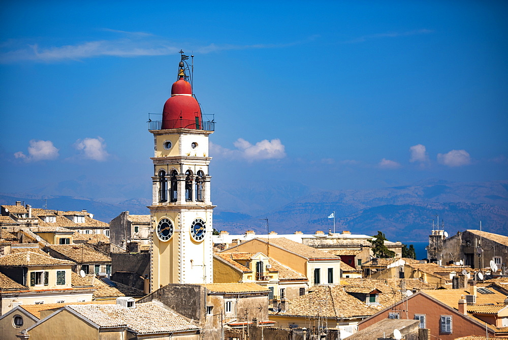 Cityscape of Corfu's old town with clock tower in Greece, Europe