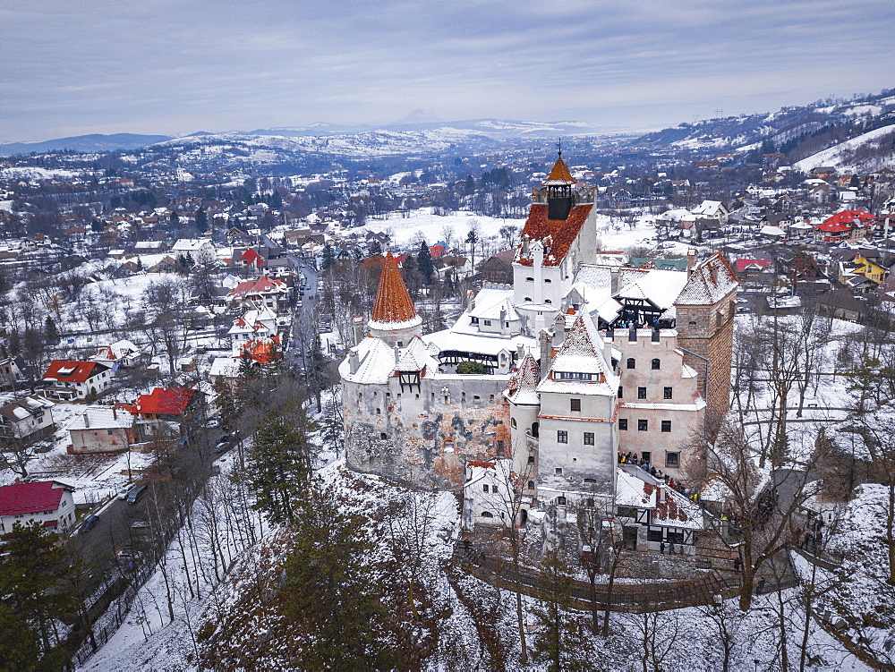 Bran Castle covered in snow in winter, Transylvania, Romania, Europe