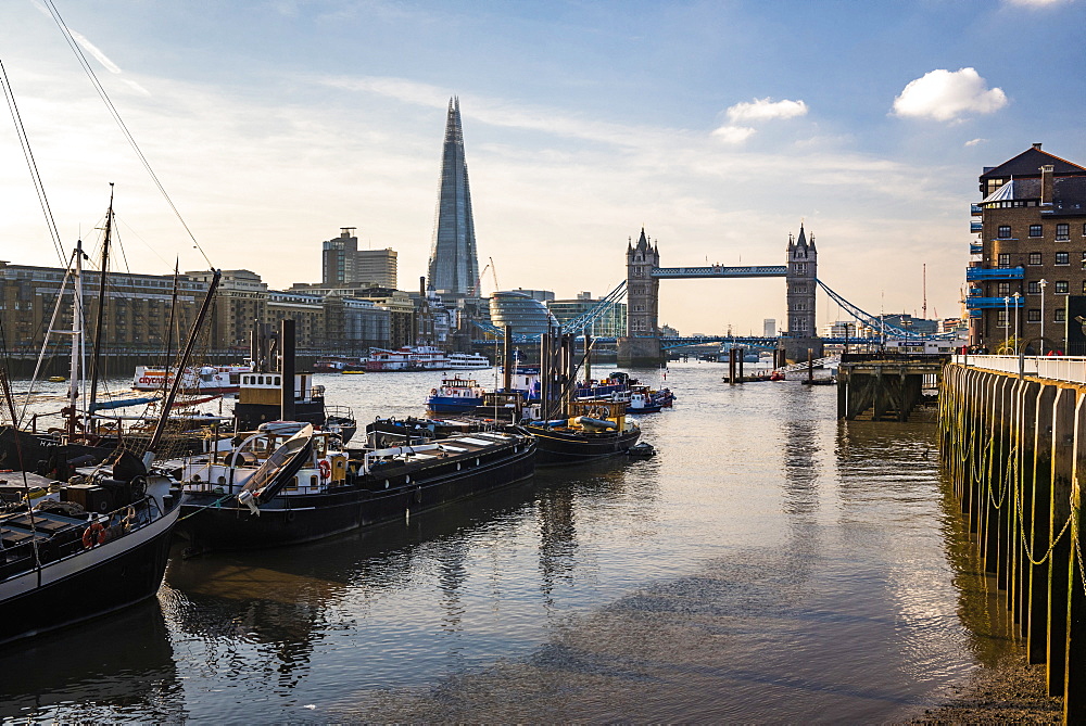 Tower Bridge and The Shard at sunset, seen behind the River Thames, Tower Hamlets, London, England, United Kingdom, Europe