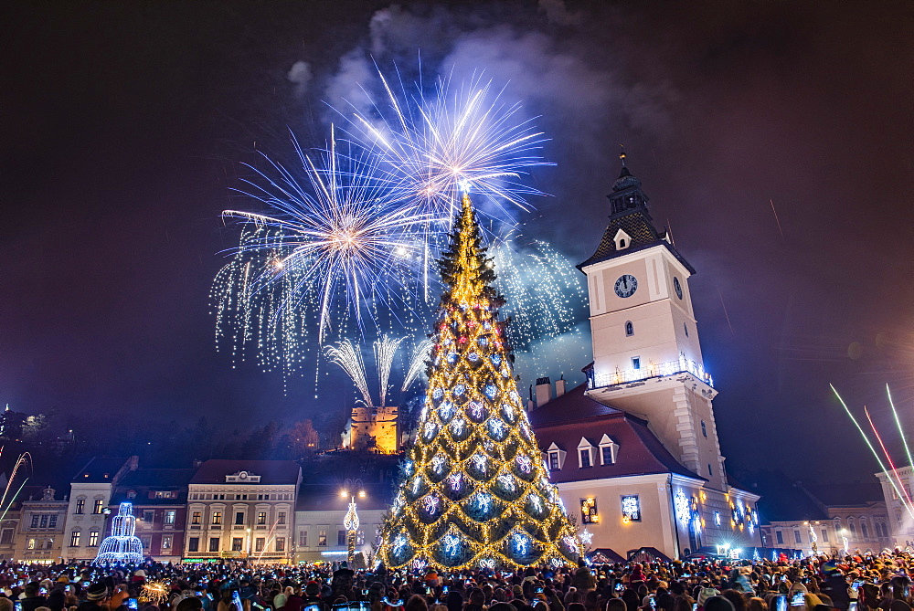 Fireworks over Brasov main square on New Years Eve, Brasov, Brasov County, Romania, Europe