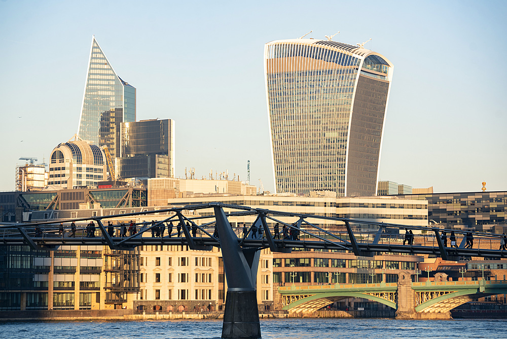 Millennium Bridge and Walkie Talkie building in The City of London, London, England, United Kingdom, Europe