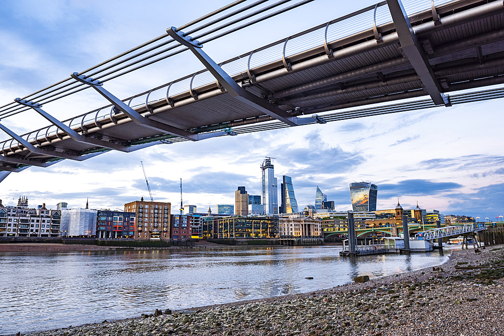 The City of London and Millennium Bridge, London, England, United Kingdom, Europe