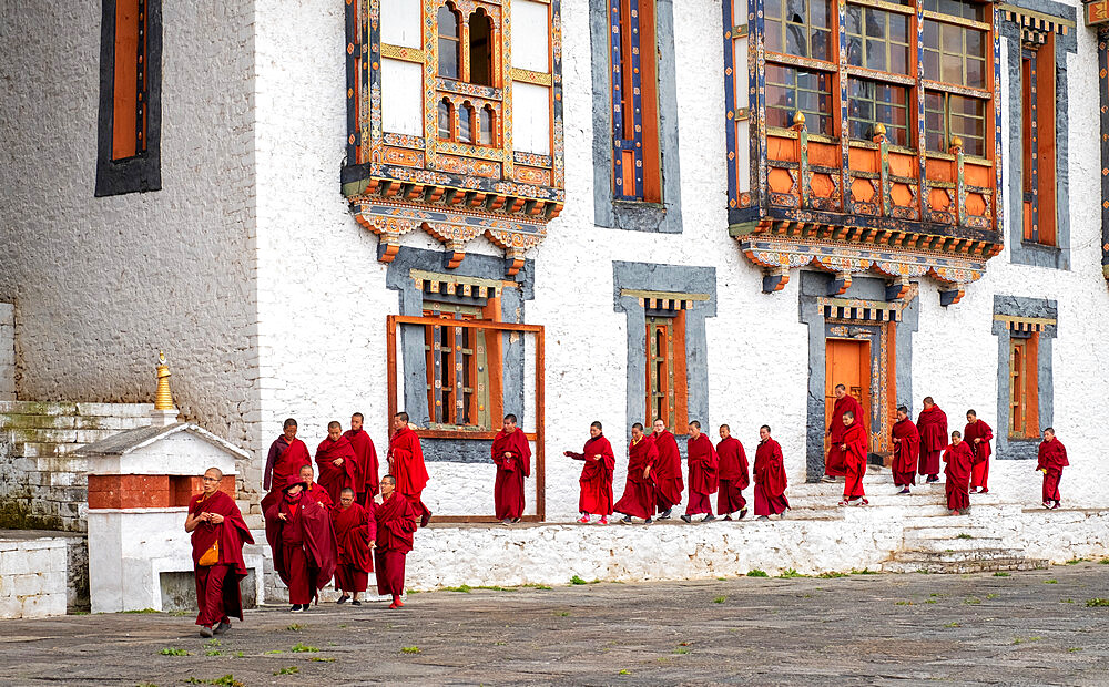 Buddhist monks, prayer time, Kurjey Lhakhang Monastery, Bumthang, Bhutan, Asia