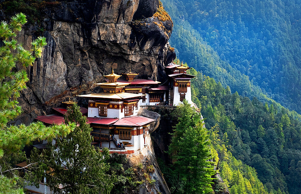 Tiger's Nest Monastery, a sacred Vajrayana Himalayan Buddhist site located in the upper Paro valley in Bhutan, Asia