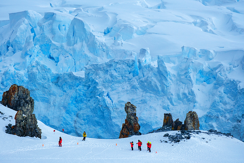 Hikers climbing Half Moon Island, South Shetland Islands, Antarctica, Polar Regions