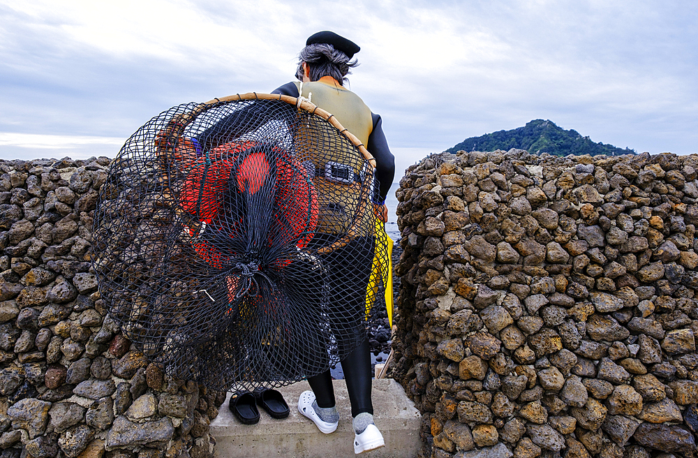 Haenyeo divers, famous for diving into their eighties and holding their breath for up to two minutes, diving for conch, octopus, seaweed, and other seafood, Jeju, South Korea, Asia