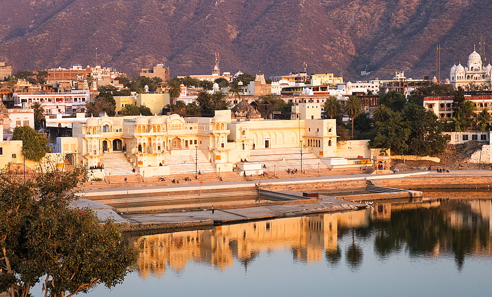 Pushkar town by Pushkar Lake at sunset in India, Asia