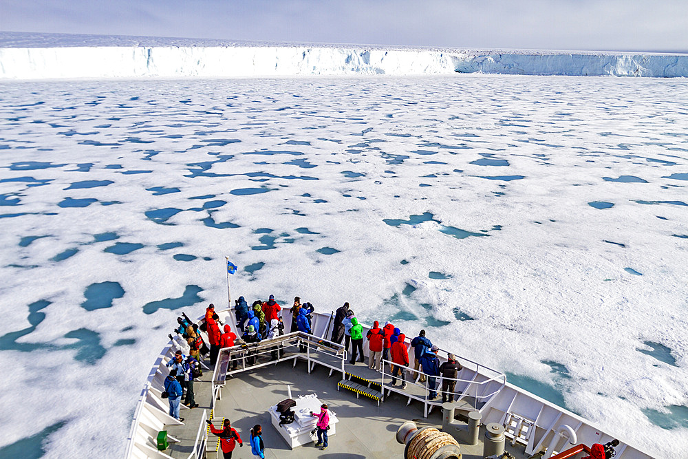 The Lindblad Expedition ship National Geographic Explorer at Austfonna in the Svalbard Archipelago, Norway.