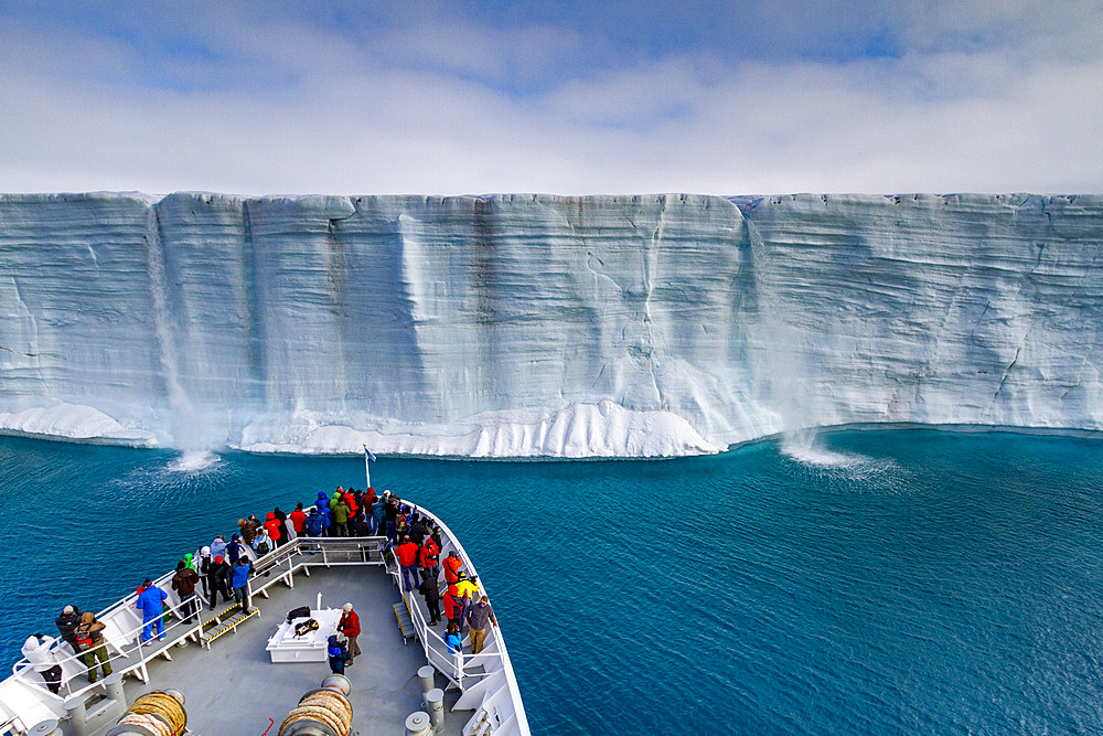 The Lindblad Expedition ship National Geographic Explorer at Austfonna in the Svalbard Archipelago, Norway.