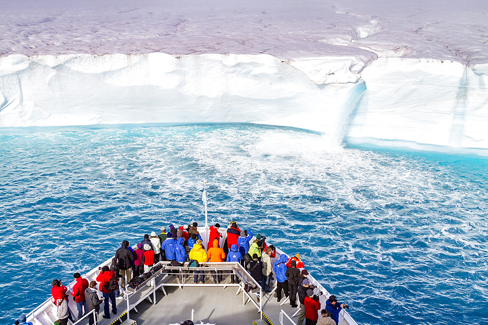 The Lindblad Expedition ship National Geographic Explorer at Austfonna in the Svalbard Archipelago, Norway, Arctic, Europe