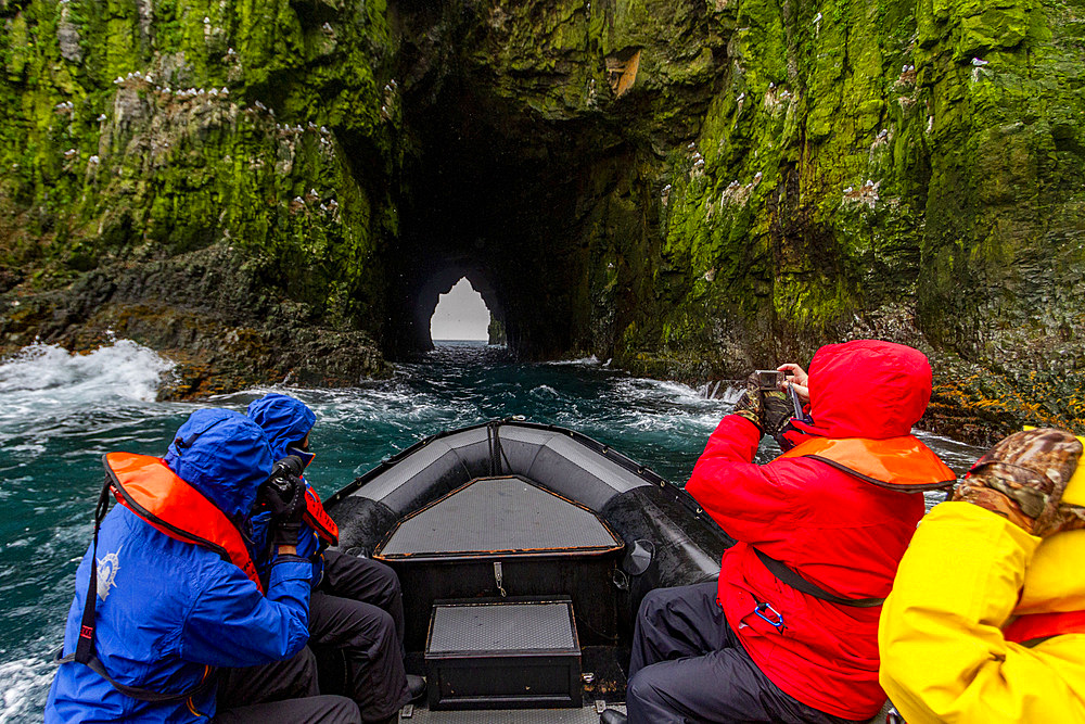 The Lindblad Expedition ship National Geographic Explorer running Zodiac operations in Bjornoya (Bear Island) in the Svalbard Archipelago, Norway, Arctic, Europe