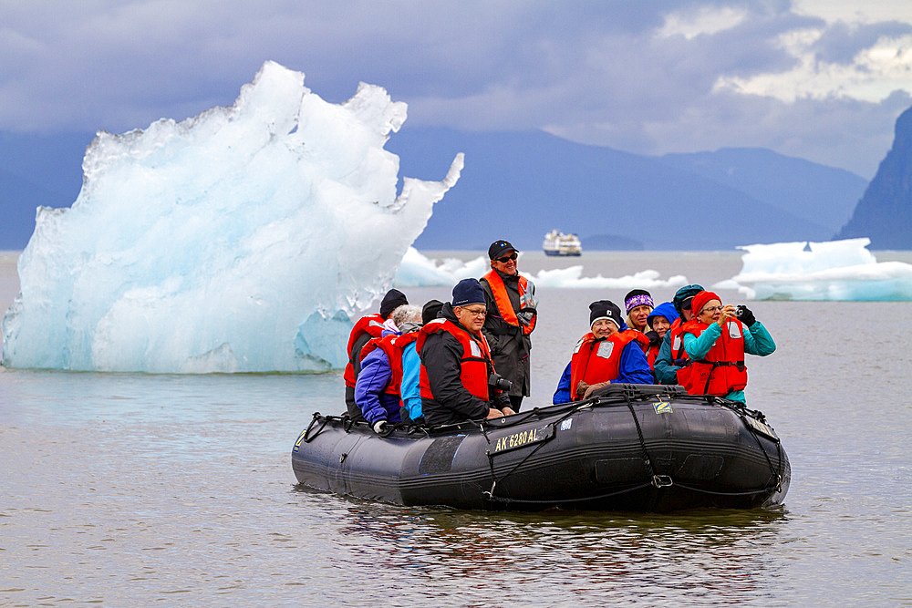 Guests from the Lindblad Expeditions ship National Geographic Sea Bird during Zodiac operations near LeConte Glacier in Southeast Alaska, USA.