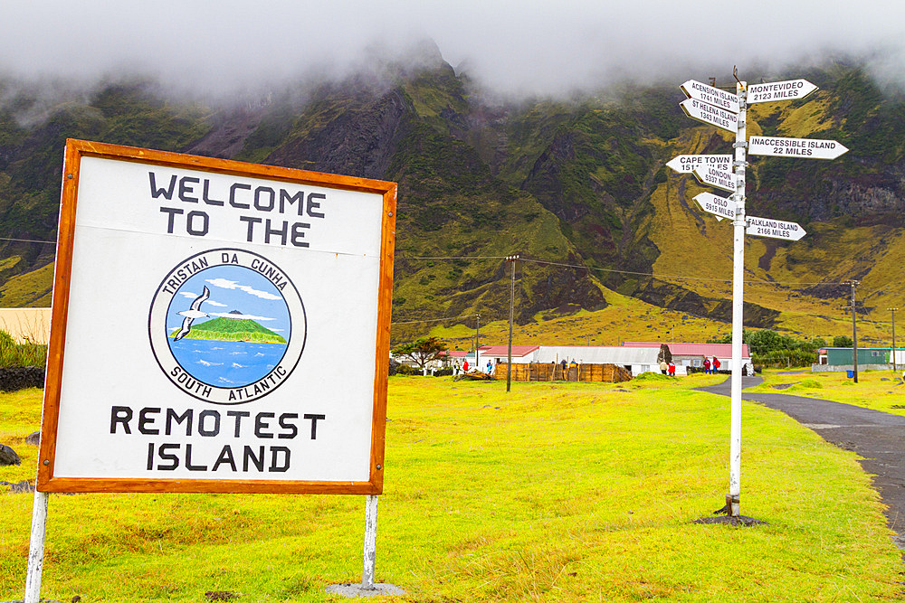 View of Welome sign and signpost on Tristan da Cunha, the most remote inhabited location on Earth, Tristan da Cunha, South Atlantic Ocean