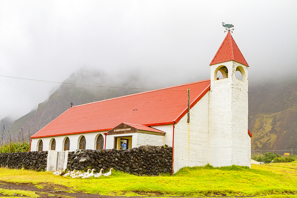 View of St. Joseph's Catholic Church in Tristan da Cunha, the most remote inhabited location on Earth, Tristan da Cunha, South Atlantic Ocean