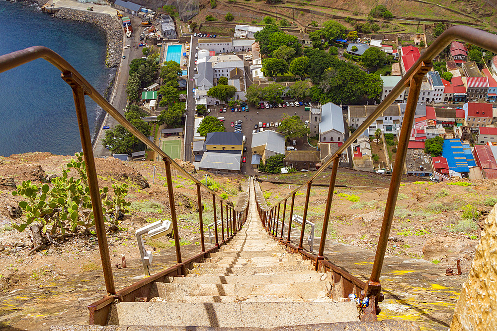 View of Jamestown from the top of Jacob's Ladder on Saint Helena, South Atlantic Ocean.