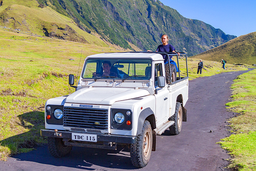 Tourist vehicle on Tristan da Cunha, the most remote inhabited location on Earth, Tristan da Cunha, South Atlantic Ocean