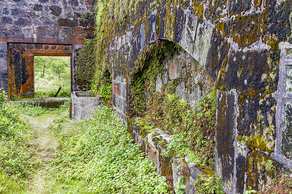 View of the old barracks atop Green Mountain on Ascension Island in the southern tropical Atlantic Ocean, South Atlantic Ocean