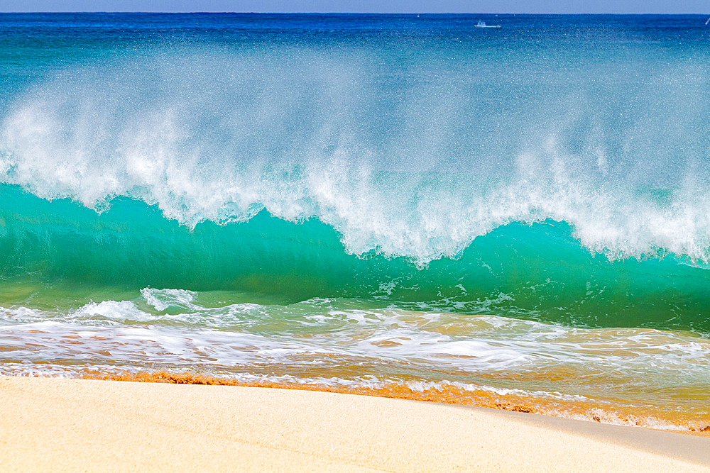 Huge waves breaking on the beach at Ascension Island in the Tropical Atlantic Ocean, South Atlantic Ocean