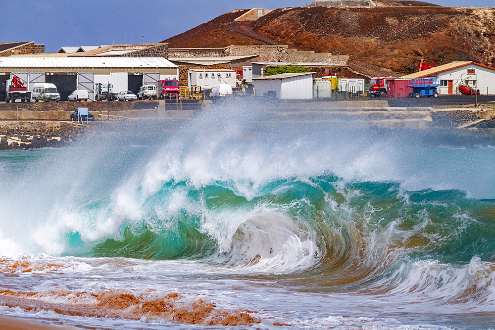 Huge waves breaking on the beach at Ascension Island in the Tropical Atlantic Ocean, South Atlantic Ocean