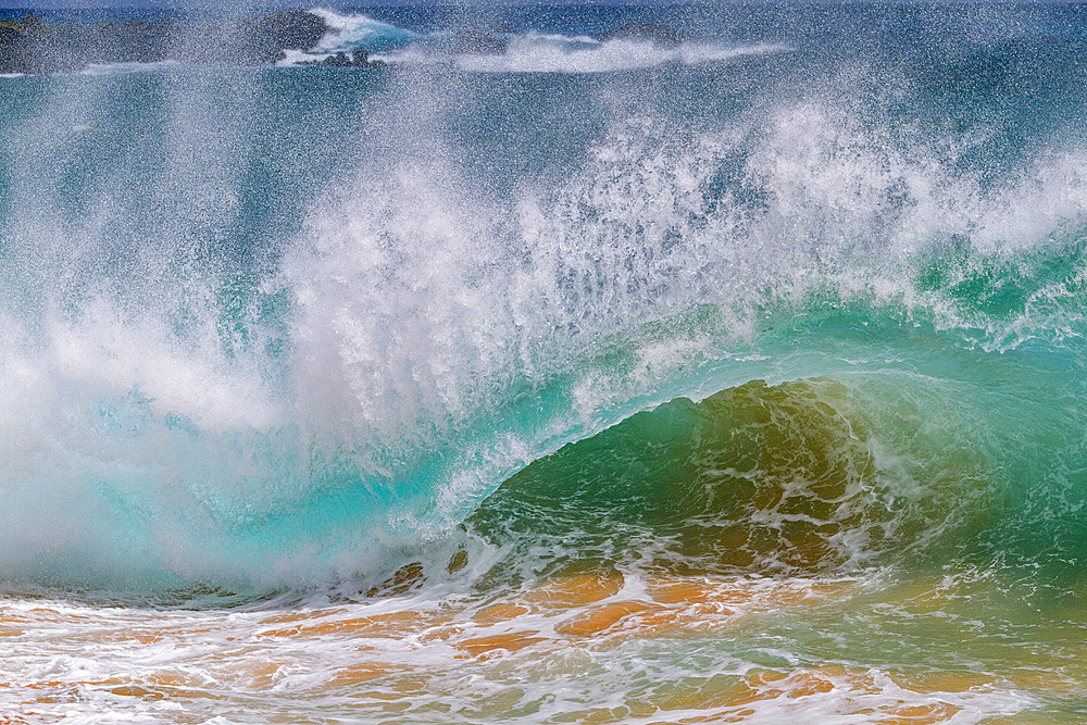 Huge waves breaking on the beach at Ascension Island in the Tropical Atlantic Ocean, South Atlantic Ocean