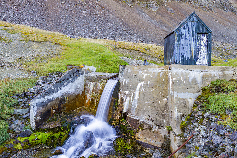 Views of waterfall near Grytviken, Swedish for Pot Cove, on South Georgia in the South Atlantic, Polar Regions