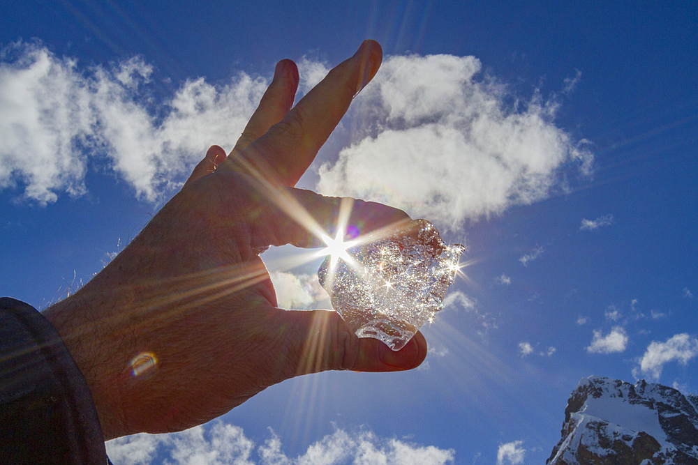 Ice held up to the sun near the Antarctic Peninsula during the summer months, Southern Ocean, Polar Regions