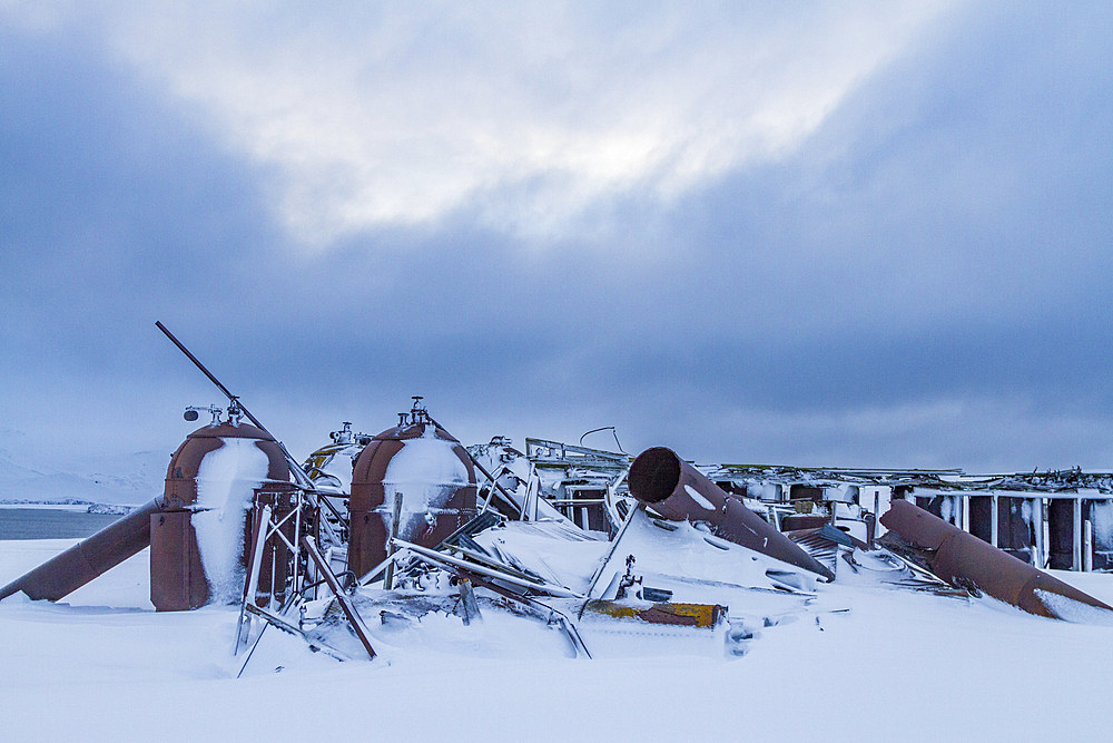 Abandoned former whaling station at Port Foster inside of the caldera at Deception Island, South Shetland Islands, Antarctica, Polar Regions