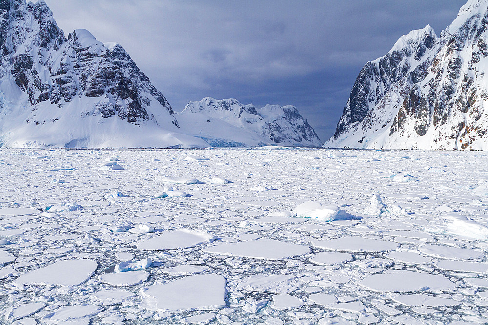 Brash ice chokes the Lemaire Channel on the west side of the Antarctic peninsula in Antarctica.