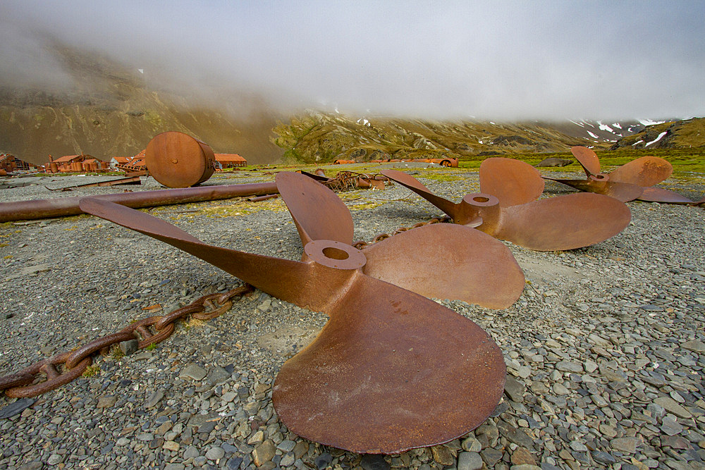 Views of the abandoned whaling station at Stromness Harbor on South Georgia Island, Southern Ocean