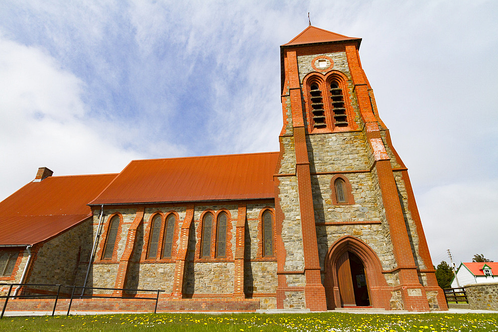 View of the Anglican Cathedral in Stanley, the capital and only true city (with a cathedral) in the Falkland Islands.