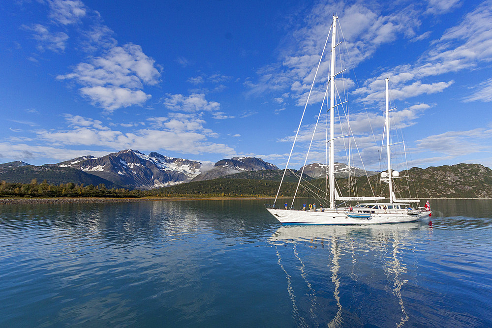 A view of various ships (shown here is the private yacht Timoneer) in Southeast Alaska, USA, Pacific Ocean.