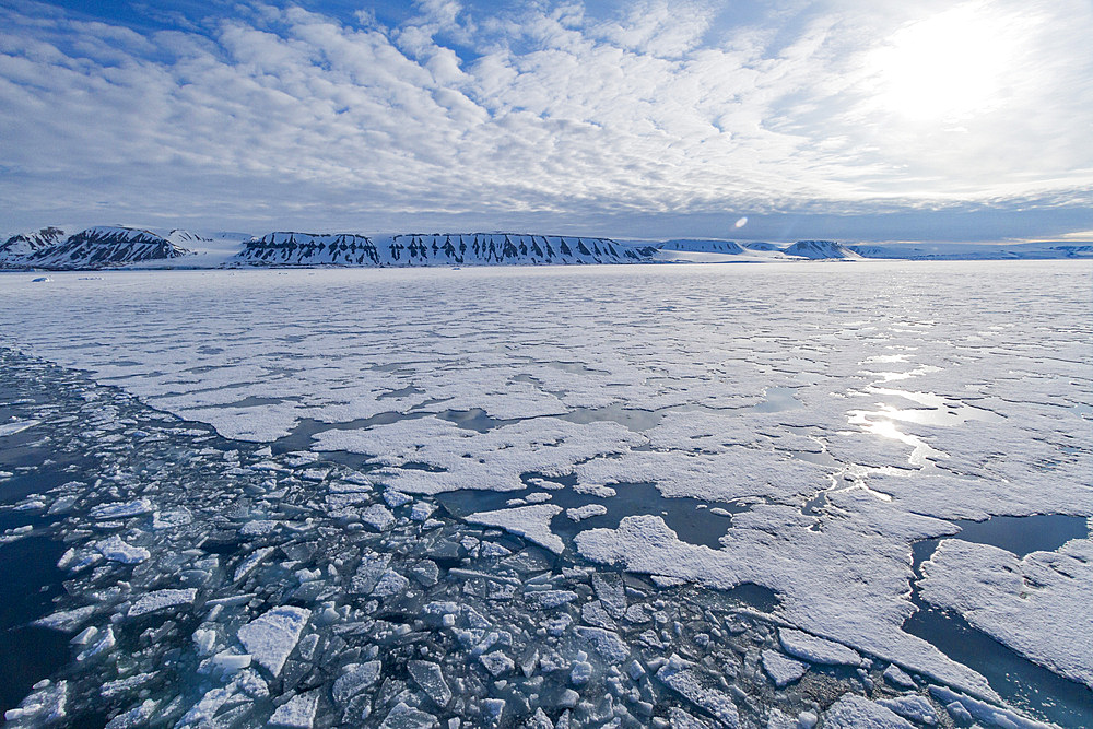 A view of Krossfjorden (cross fjord) on the northwestern side of Spitsbergen Island in the Svalbard Archipelago, Norway.