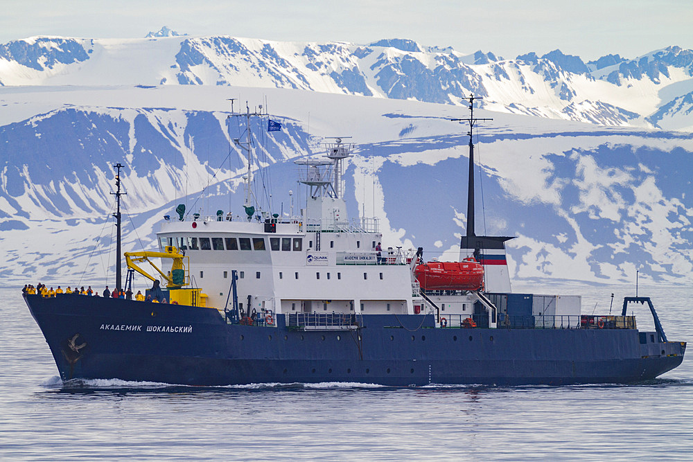 A view of the expedition ship Akademik Shokalskiy operating in the Svalbard Archipelago, Norway.