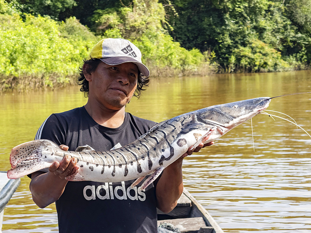 A fisherman showing off the days catch in a small village deep within the Pacaya Samiria Preserve, Peru.