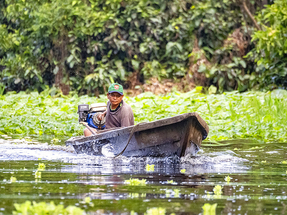 Local people in a traditional dugout wooden boat deep within the Pacaya Samiria Preserve, Peru.